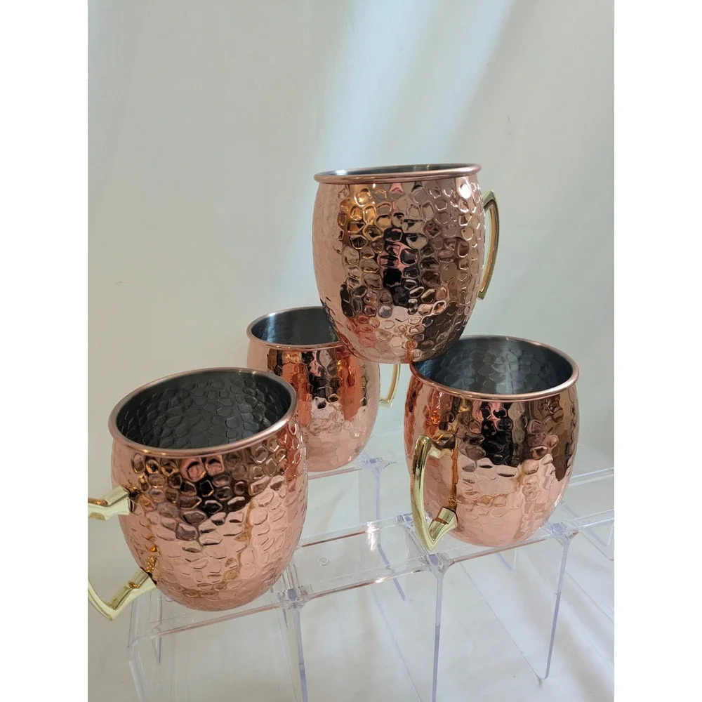 NEW 4‎ Hammered Copper Moscow Mule Mugs 16oz Stainless Steel Lined Gold Handle